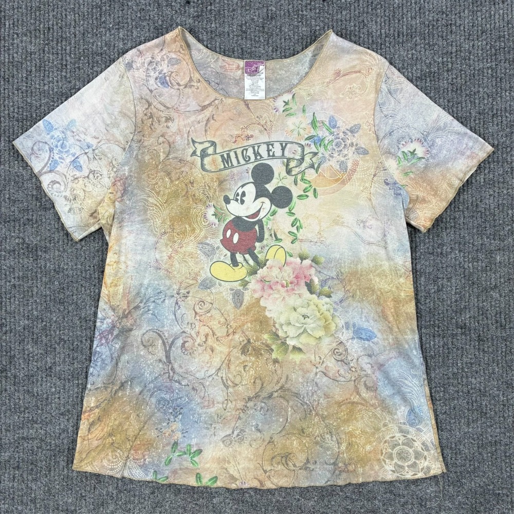 Disney Mickey Mouse Floral Graphic T Shirt Womens Size 2X Pastel Short Sleeve